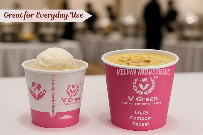 Eco-friendly, biodegradable cups manufactured in Tamil Nadu for sustainable food and beverage service