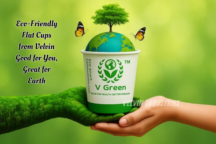 V GREEN eco-friendly flat paper cup with earth, tree, and butterflies design, symbolizing sustainability and environment