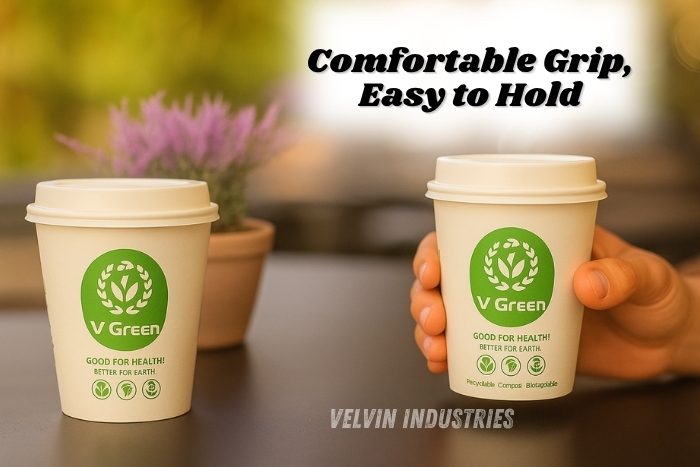 V GREEN eco-friendly paper cups with lids, designed for a comfortable grip and easy handling