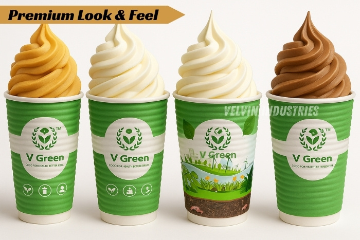 V GREEN ripple paper cups with a premium look and feel, used for serving ice cream in different flavors