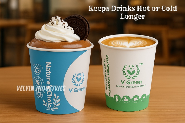 Compostable and biodegradable cups made in Tamil Nadu, designed to keep drinks by VELVIN INDUSTRIES - V GREEN