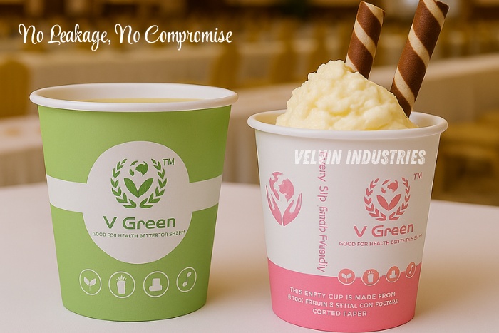ELVIN INDUSTRIES – V GREEN compostable paper cups used for serving beverages and ice cream with wafer sticks