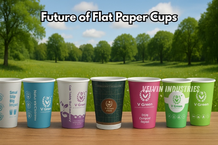 V GREEN flat paper cups in multiple colors and designs, displayed outdoors with a scenic green field background