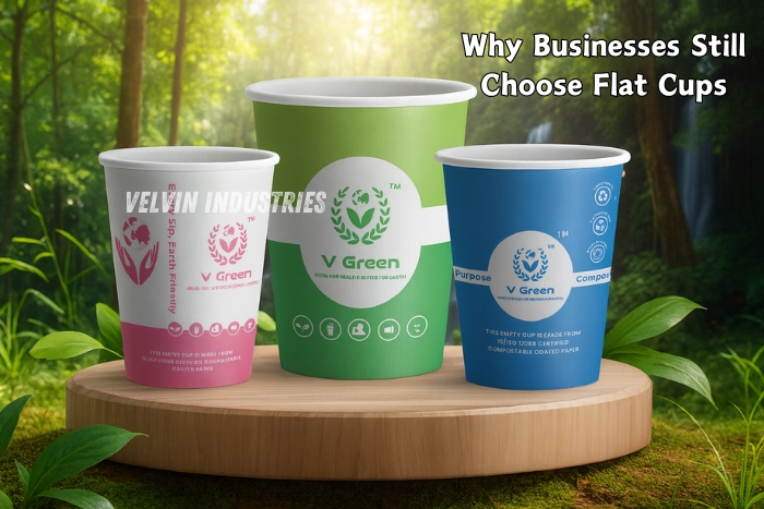 V GREEN flat paper cups in pink, green, and blue designs, displayed on a wooden platform with a forest background