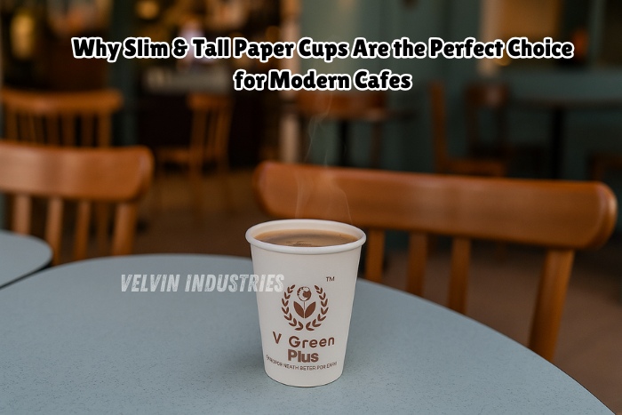 VELVIN INDUSTRIES – V GREEN Plus slim & tall paper cup with hot coffee, placed on a café table with chairs in the background