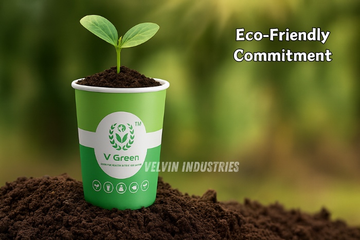 VELVIN INDUSTRIES – V GREEN eco-friendly green paper cup with a symbolizing sustainability and eco-friendly commitment