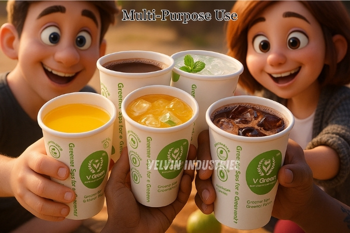 VELVIN INDUSTRIES – V GREEN eco-friendly paper cups used for serving juice, coffee, and cold drinks multi-purpose use