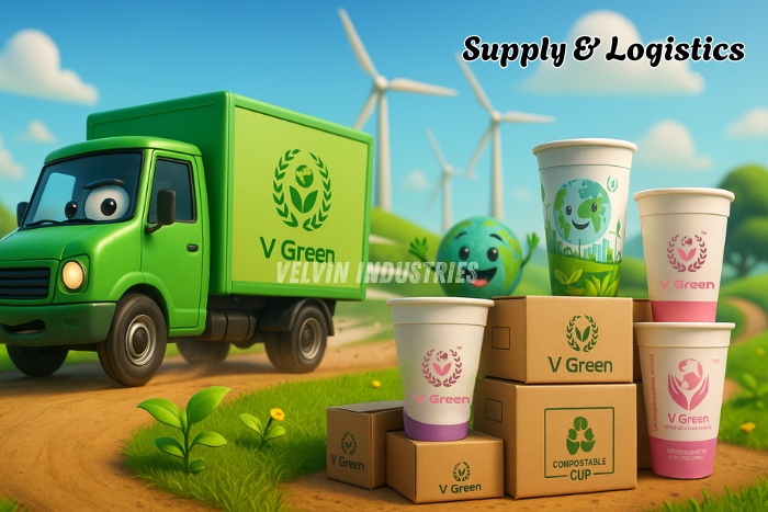 VELVIN INDUSTRIES – V GREEN supply and logistics concept showing a green delivery truck with compostable paper cups