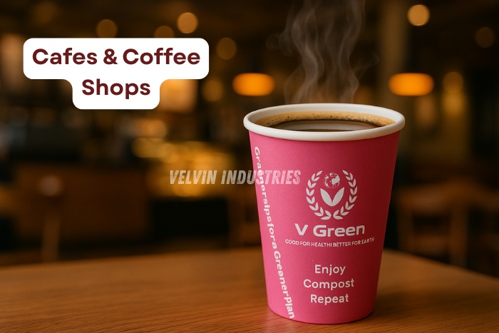 Hot coffee served in a pink V Green compostable paper cup by Velvin Industries at a cozy café in Tamil Nadu
