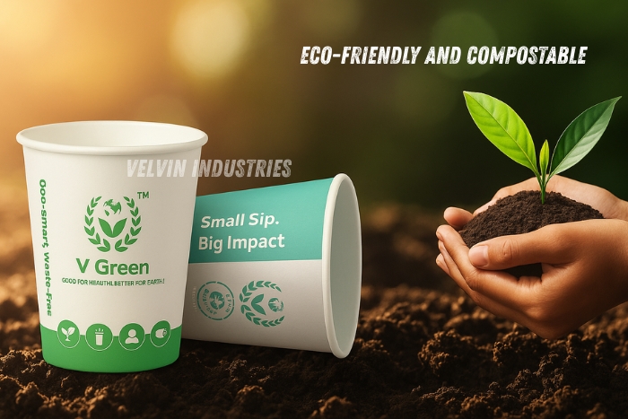 Represents eco-friendly and biodegradable paper cup manufacturing in Tamil Nadu with the slogan- VELVIN INDUSTRIES