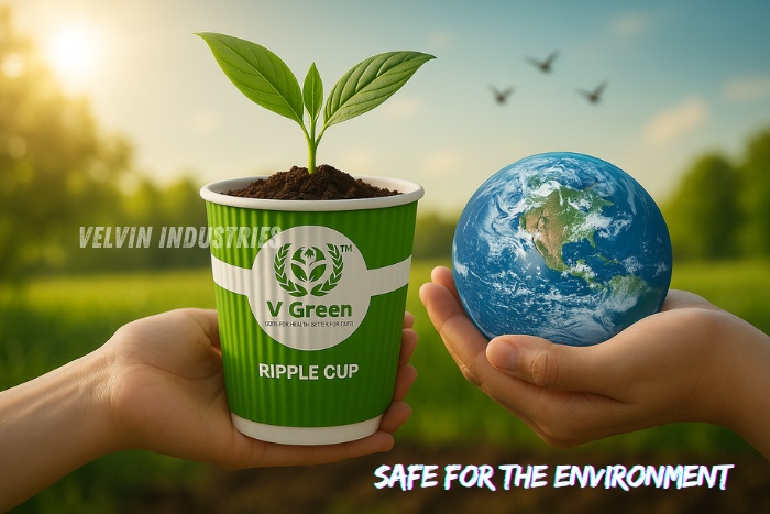 V GREEN Ripple paper cup with a growing plant held beside a small globe and compostable paper cups made in Tamil Nadu
