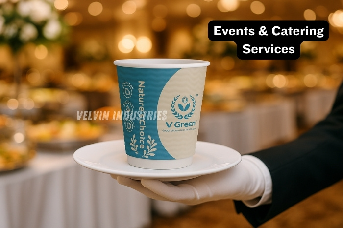V Green biodegradable paper cup from Velvin Industries served on a plate at an event, showcasing eco-friendly cup
