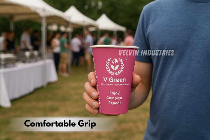 V Green compostable paper cup by Velvin Industries in Tamil Nadu, showcasing comfortable grip and eco-friendly design