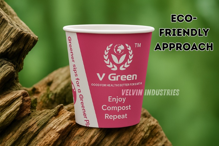 V Green compostable paper cup by Velvin Industries placed on natural wooden logs, promoting an eco-friendly approach