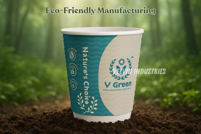 V Green eco-friendly ripple paper cup from Velvin Industries placed on soil, highlighting sustainable manufacturing and biodegradable cup