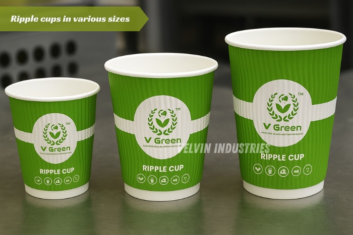 VELVIN INDUSTRIE Ripple paper cups in various sizes displayed on a table, eco-friendly, compostable, and biodegradable cup