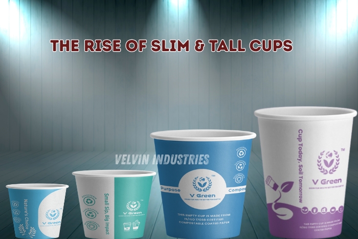 VELVIN INDUSTRIES – V GREEN slim and tall paper cups in blue and white designs, showcased under studio lighting