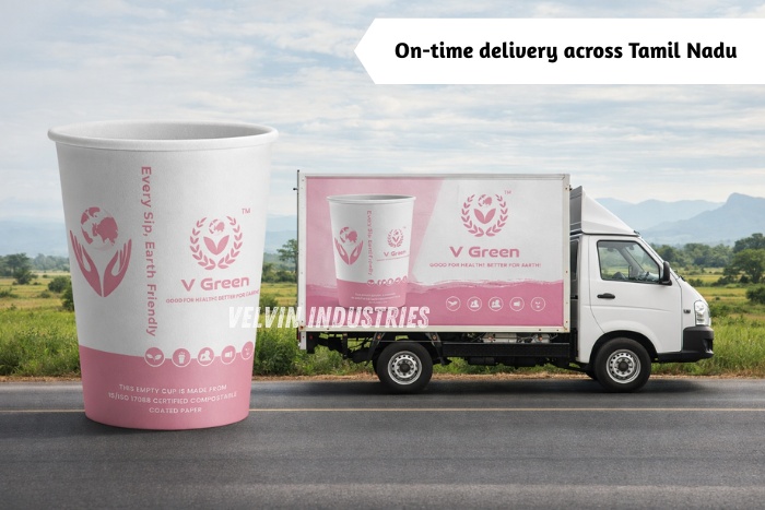 Flat paper cup displayed alongside a branded delivery truck, highlighting on-time delivery of eco-friendly-VELVIN INDUSTRIES – V GREEN