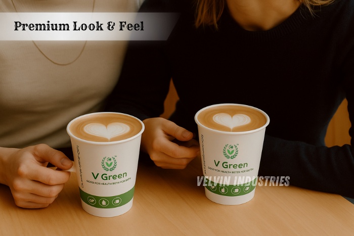 Premium V Green double wall paper cups by Velvin Industries keeping beverages hot and hands cool