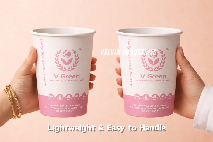 Two V Green flat paper cups by Velvin Industries held in hands, highlighting lightweight and easy-to-handle design