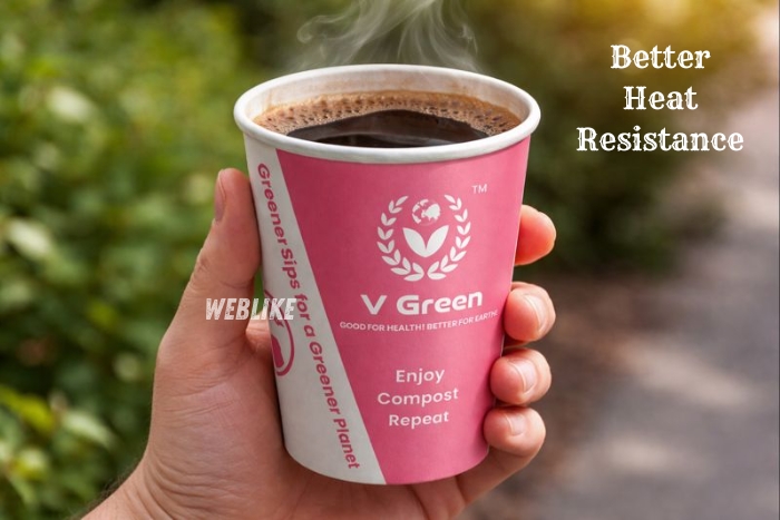 V Green paper cup, showcasing better heat resistance and eco-friendly, compostable cup design by Velvin Industries