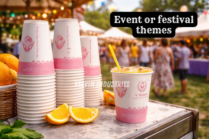 VELVIN INDUSTRIES – V GREEN flat paper cups stacked and used at an outdoor event or festival, serving fresh beverages