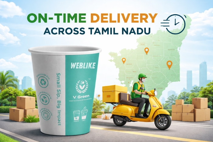 VELVIN INDUSTRIES – V GREEN paper cup shown with delivery rider and map, highlighting on-time delivery