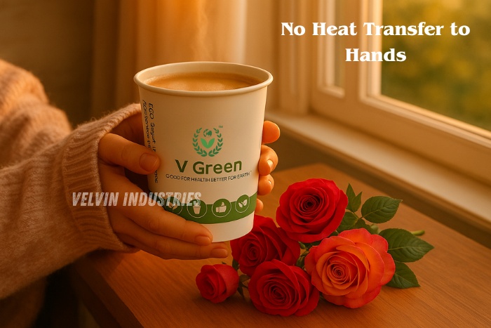 Warm beverage served in a V Green eco-friendly paper cup by Velvin Industries, held comfortably with no heat transfer