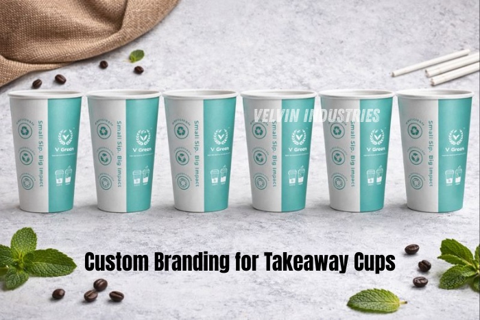 Custom branded takeaway paper cups by Velvin Industries, Tamil Nadu, featuring V Green eco-friendly compostable cups