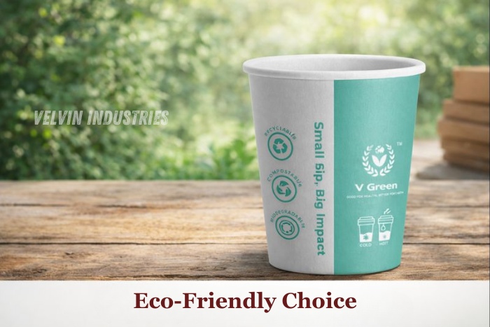 Eco-friendly V Green paper cup by Velvin Industries, Tamil Nadu, made from compostable and recyclable paper, ideal for tea shops