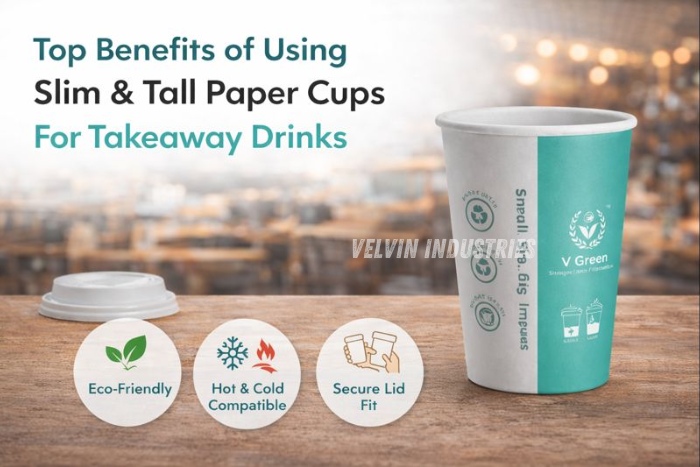 Slim & tall V Green paper cups by Velvin Industries, Tamil Nadu, designed for takeaway drinks with eco-friendly