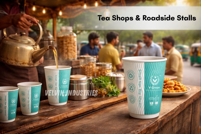 V Green compostable paper cups by Velvin Industries used at tea shops and roadside stalls in Tamil Nadu