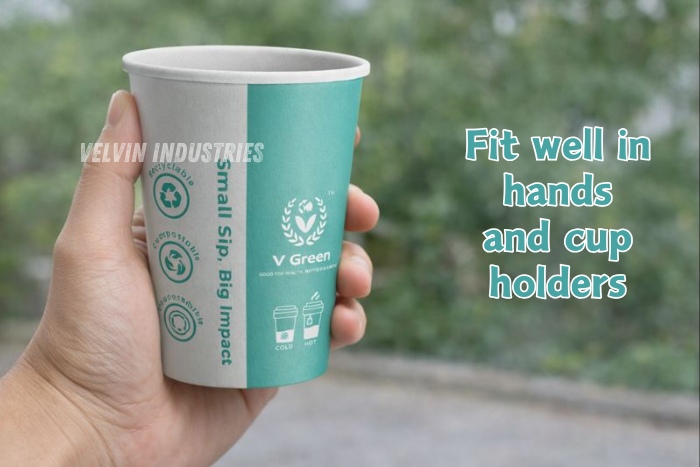 V Green paper cup by Velvin Industries, Tamil Nadu, designed to fit comfortably in hands and car cup holders