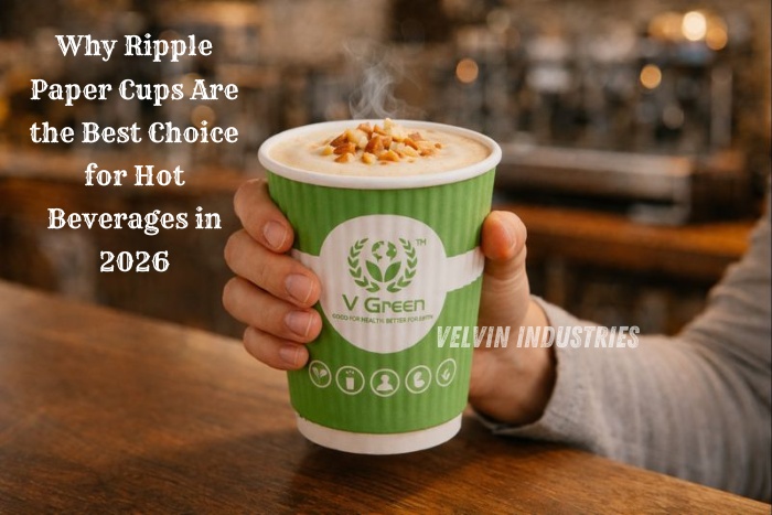 VELVIN INDUSTRIES V Green ripple paper cup holding hot beverage, heat-resistant and eco-friendly biodegradable paper cup ideal