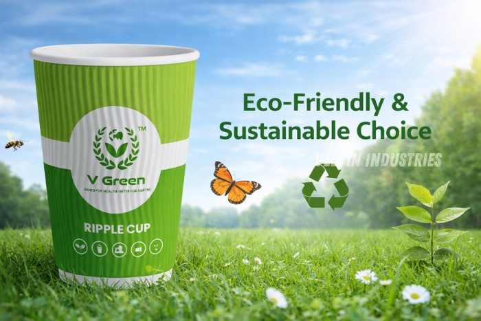 VELVIN INDUSTRIES V Green ripple paper cup showcasing eco-friendly and sustainable design, biodegradable hot beverage cup
