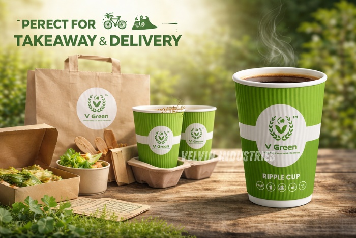 VELVIN INDUSTRIES V Green ripple paper cups for takeaway and delivery, eco-friendly hot beverage cups used by cafes, Restaurants