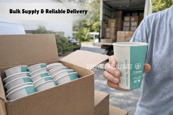 Eco-friendly V Green paper cups by Velvin Industries, Ramanathapuram, showing packaged compostable cups