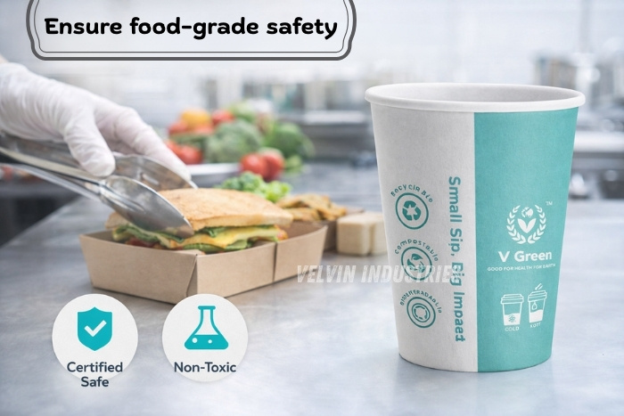 Food-grade certified and non-toxic V Green paper cups by Velvin Industries, Ramanathapuram-safe eco-friendly cups