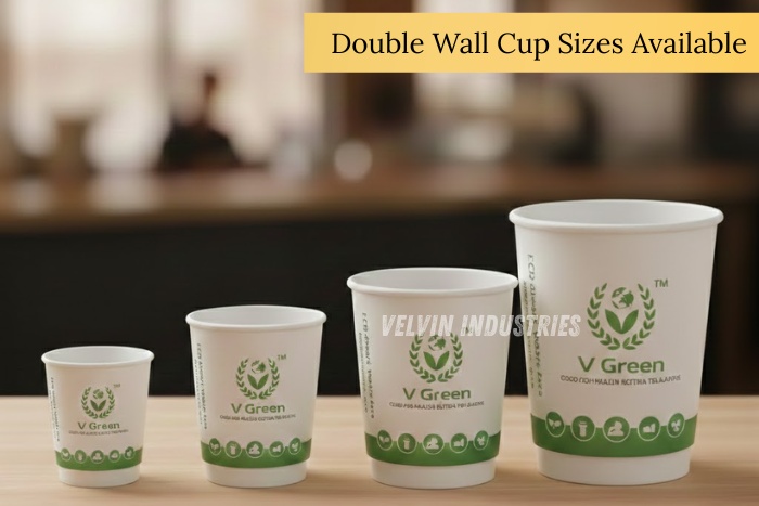 V Green eco-friendly, heat-resistant double wall cups available in multiple capacities for hot coffee and tea service