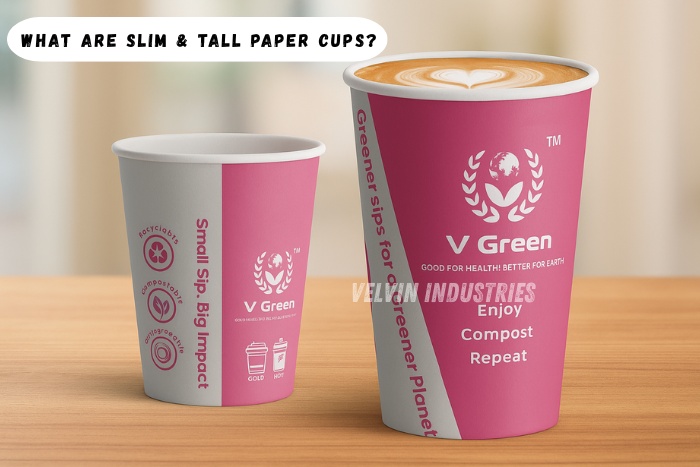 Slim & tall V Green paper cups by Velvin Industries, Ramanathapuram, for hot and cold takeaway beverages