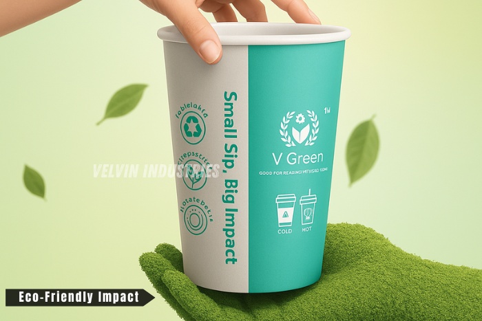 V Green eco-friendly slim paper cup by Velvin Industries in Ramanathapuram, designed for sustainable takeaway beverages