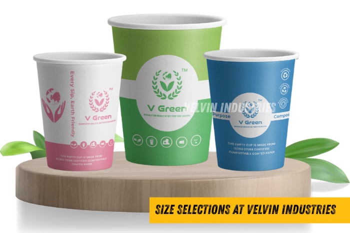 V Green paper cups by Velvin Industries, Ramanathapuram, available in multiple sizes for hot and cold drinks